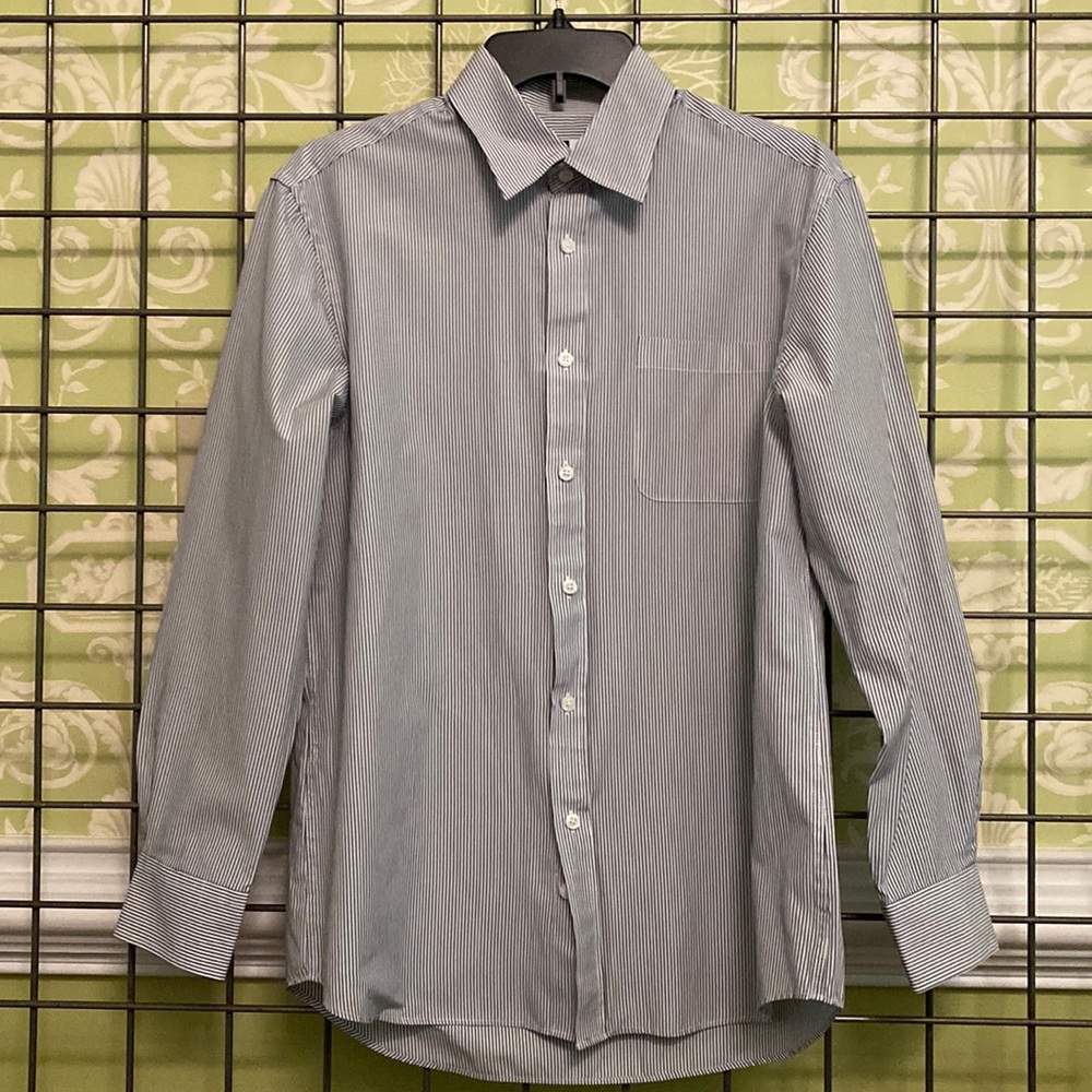 Gray and white striped long sleeve button down shirt